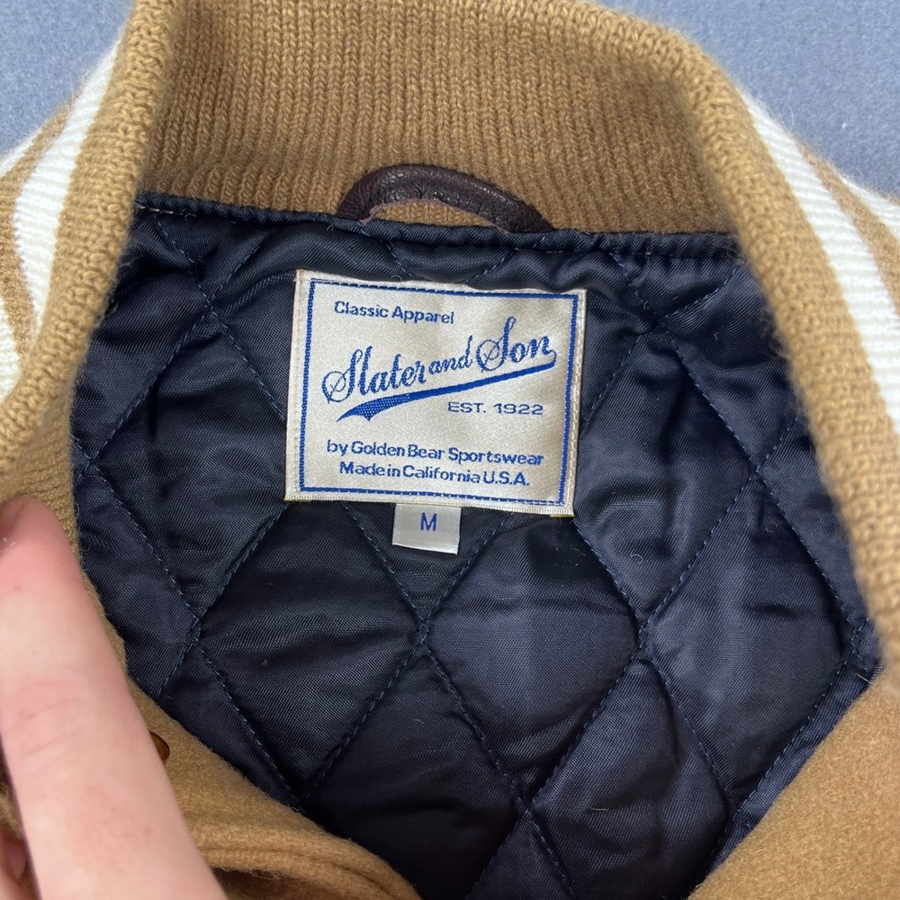 Slater and Son Golden Bear Mens Wool Varsity Bomber Jacket Tan Made in USA M - Picture 2 of 8